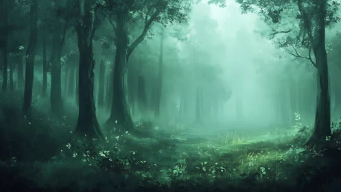 Enchanted Forest Bathed in Ethereal Mist.