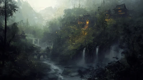 Mountain temple village glows warmly through mist and waterfalls