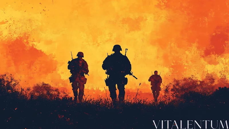 Soldiers advance through fiery battlefield landscape.