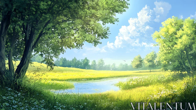 Sunlit river meadow opens under bright summer sky