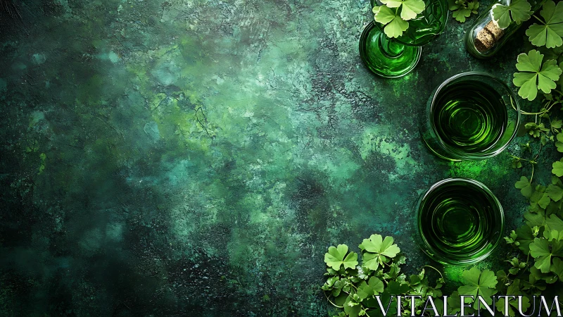 Emerald glass vessels with clover foliage on textured ground.