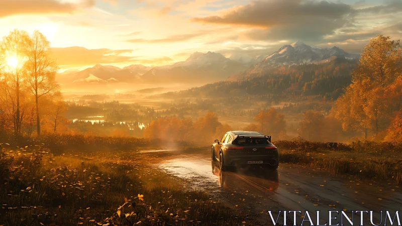 Sports car drives on wet rural road at golden sunset