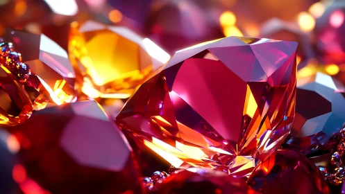 Close-up view of vivid red and orange faceted gemstones.