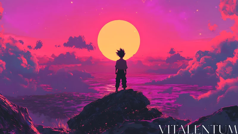 Silhouetted child on cliff facing large sun over sea.