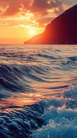 Photorealistic coastal sunset with dynamic wave foreground framing.