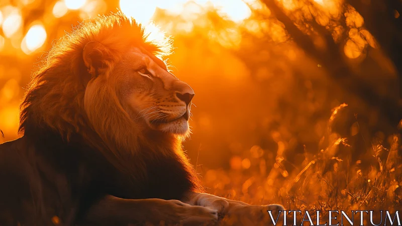 Male lion in warm golden-hour backlight on savanna grassland