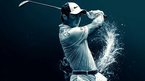 Dynamic golfer swing captured in splash-lit teal energy