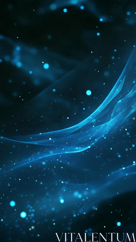 Blue light trails and particles on dark abstract background.