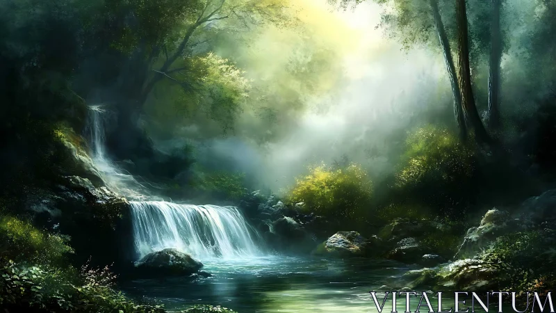 Misty Forest Waterfall Stream with Natural Light.