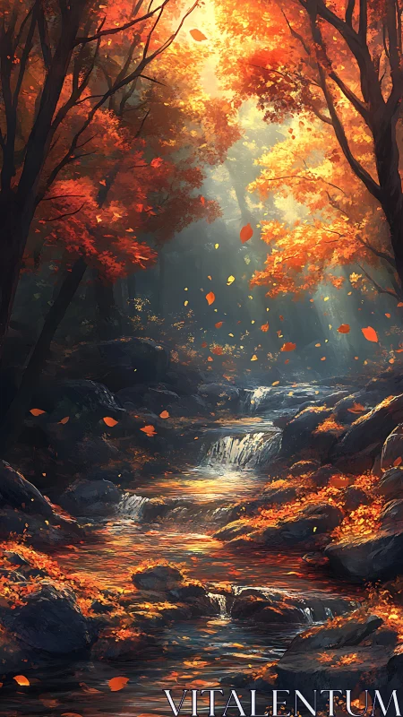 Forest stream with autumn foliage under filtered light.