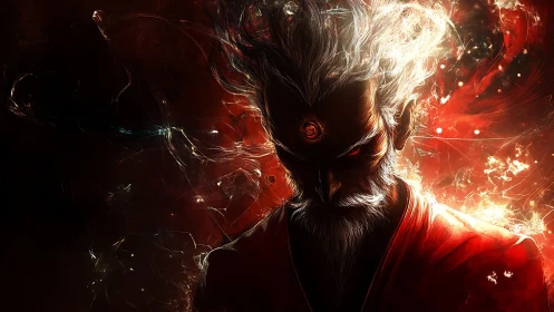 Digital painting of fiery third-eye sage in infernal chiaroscuro.