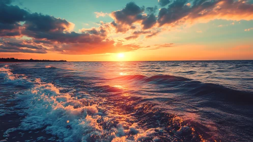 Sunset-tinted waves quietly rehearse their nocturne at sea