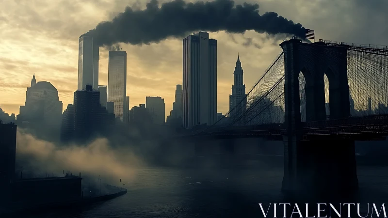 Dark city skyline looms behind bridge in smoky twilight.