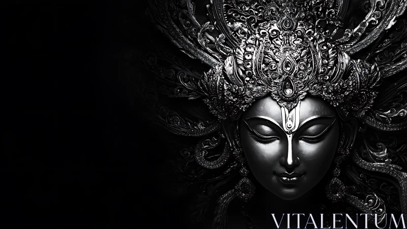 Divine metallic goddess portrait glows from deep shadow