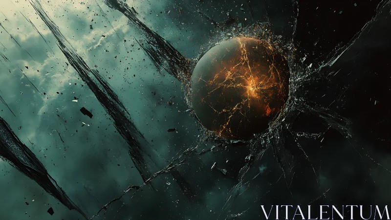 Shattered dark planet bursts through fractured glass void.