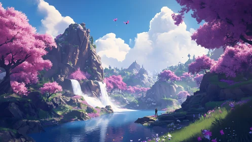 Procedural valley with cascades and stylized sakura canopy.