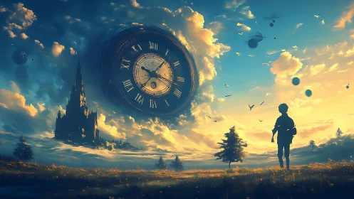 Boy wandering beneath a spinning sky clock of golden hours.