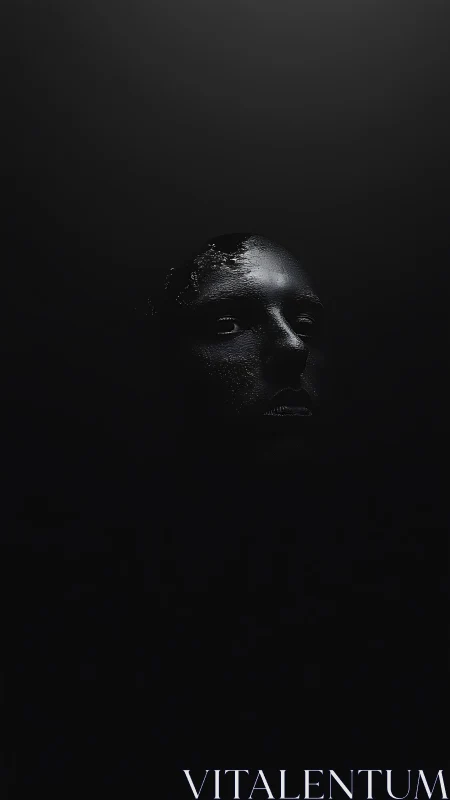 Submerged metallic face in ultra-low key monochrome void