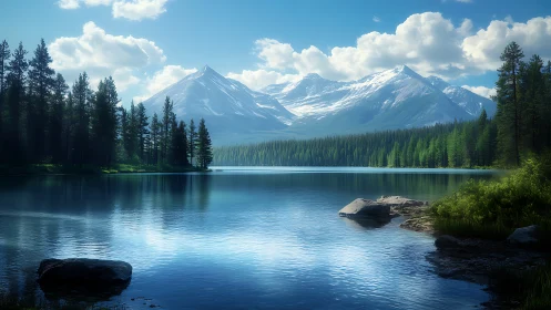 Peaceful mountain lake wrapped in soft morning light.