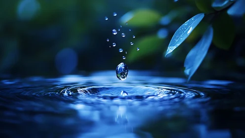 Moonlit water droplet rises from a quiet forest ripple.