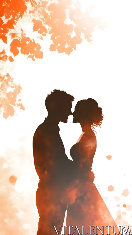 Silhouetted couple with autumn foliage overlay.