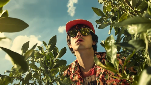 Young man in floral streetwear framed by sunlit foliage outdoors