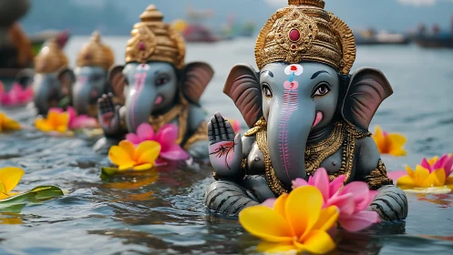 Ganesh idols drifting on water amid vivid lotus blossoms.