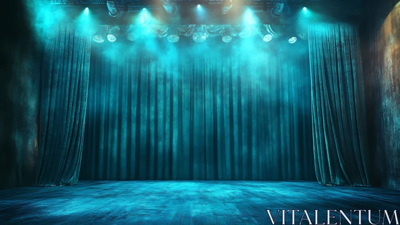 Empty theater stage glows under dramatic teal spotlights.