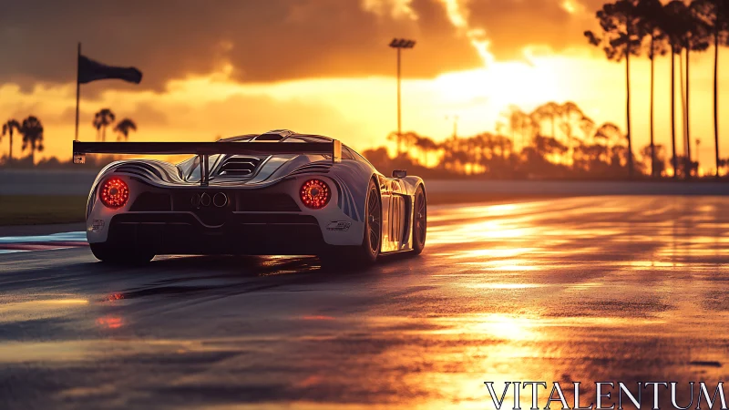 Endurance race car on wet track at blazing sunset glow.