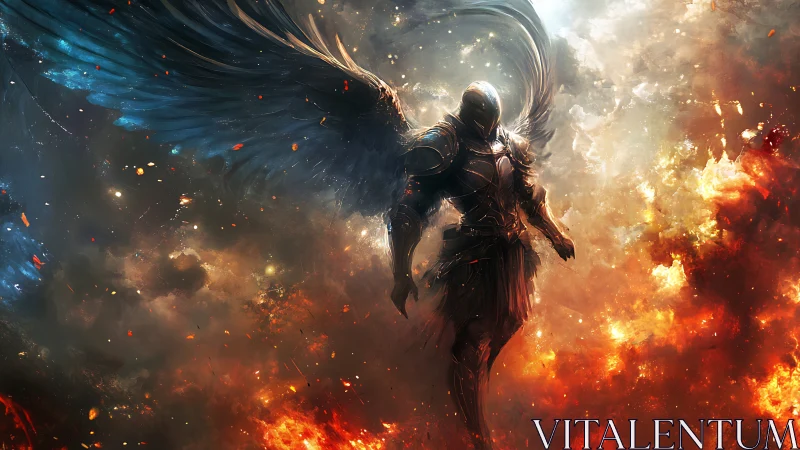 Armored angel strides through fire and stormlit celestial sky