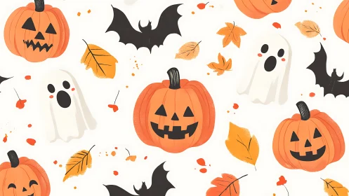 Playful jack-o&rsquo;-lanterns, ghosts, and bats in autumn fun.