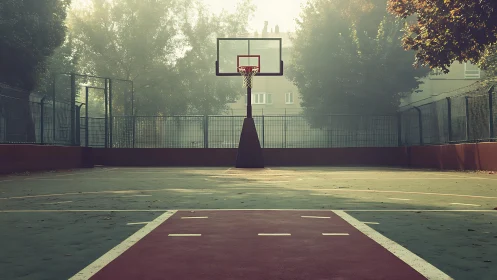 Deserted outdoor basketball court under diffused early morning haze