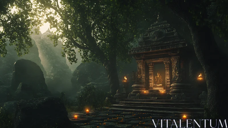 Jungle stone shrine at dusk with illuminated seated statue