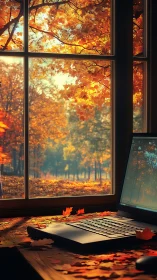 Laptop on wooden desk faces bright autumn trees through window