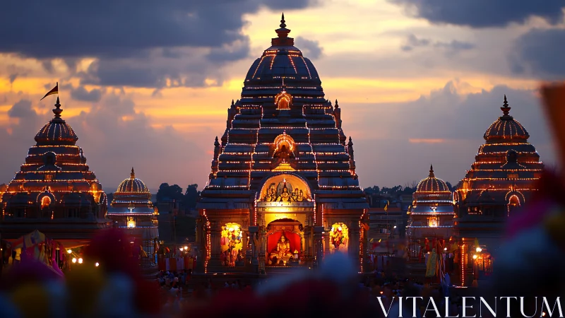 Photorealistic twilight temple complex with festive illumination.