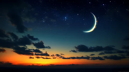 Crescent moon slips like silver sail above ember horizon
