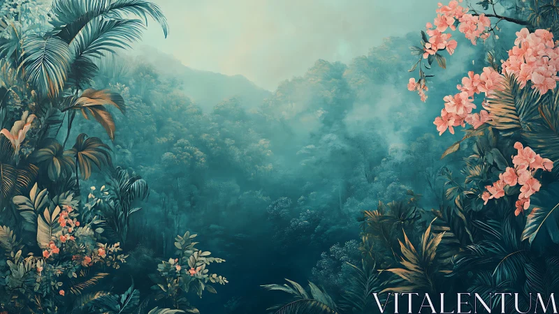 Tropical Mountain Valley Draped in Mist and Coral Blooms.