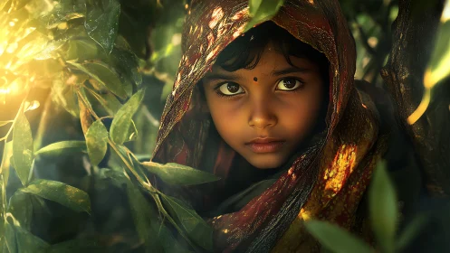Young Girl Hidden Among Forest Branches and Foliage.