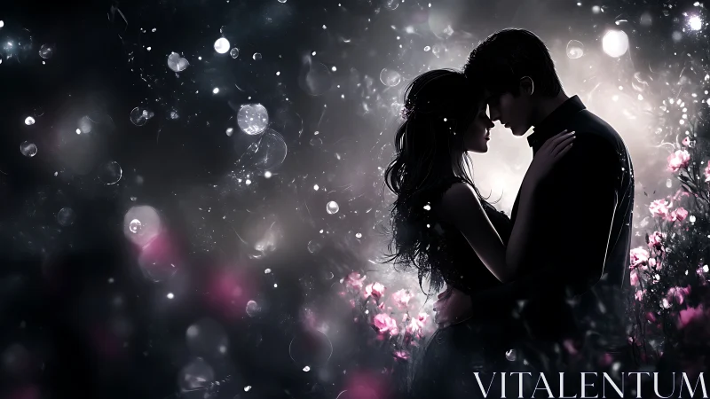 Silhouetted Couple Embracing Amid Bokeh and Floral Luminescence.