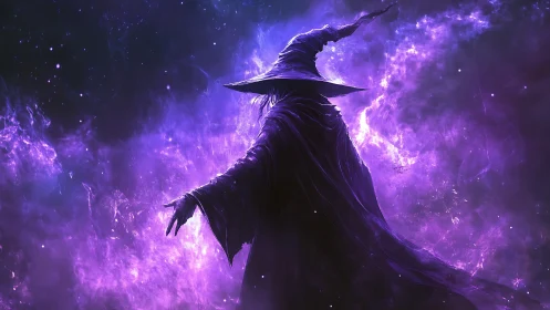 Stargazing wizard draped in swirling violet cosmic fog.