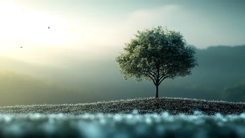 Solitary blooming tree on misty hillside at sunrise.