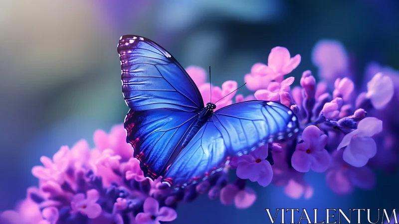 Gentle blue butterfly resting in a dreamy lilac garden.