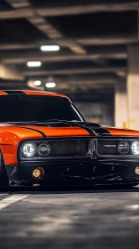Low-slung orange muscle car glows in moody garage light.