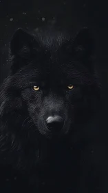 Low-key portrait of black wolf with luminous amber eyes.