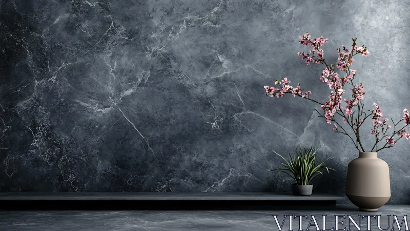 Minimalist floral still life contrasts marble with soft ceramics