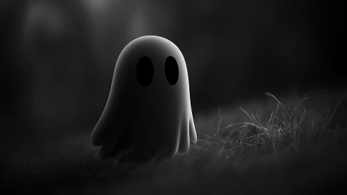Lonely cartoon ghost glows softly in misty moonlit field.