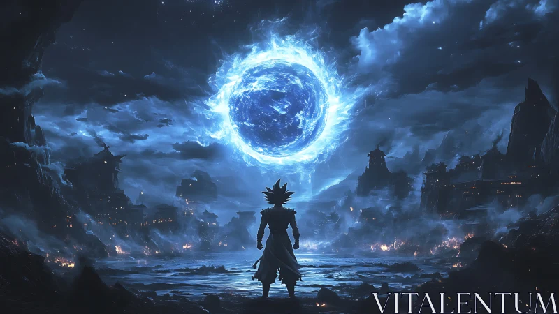 Cosmic warrior faces blazing energy sphere over ruined realm.