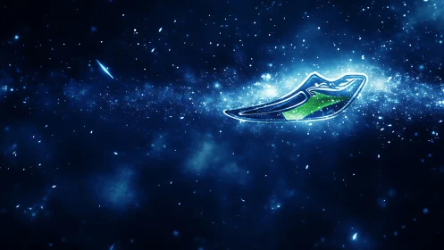 Neon green runner icon drifting through cosmic stardust.