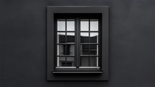 Midnight courtyard window holding quiet mirrored geometry.