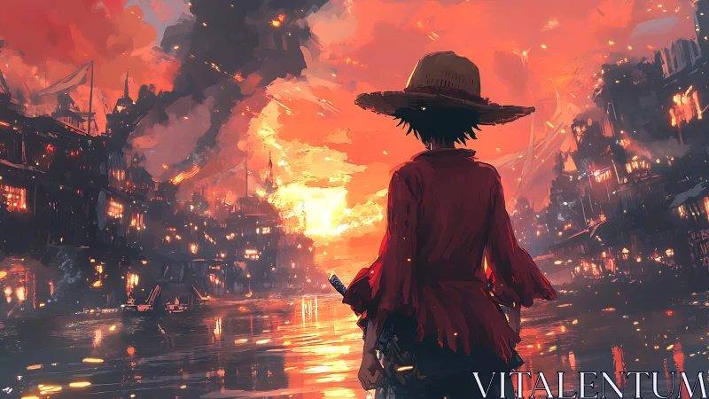 Wanderer in a burning harbor sky, ready for tomorrow’s dawn.